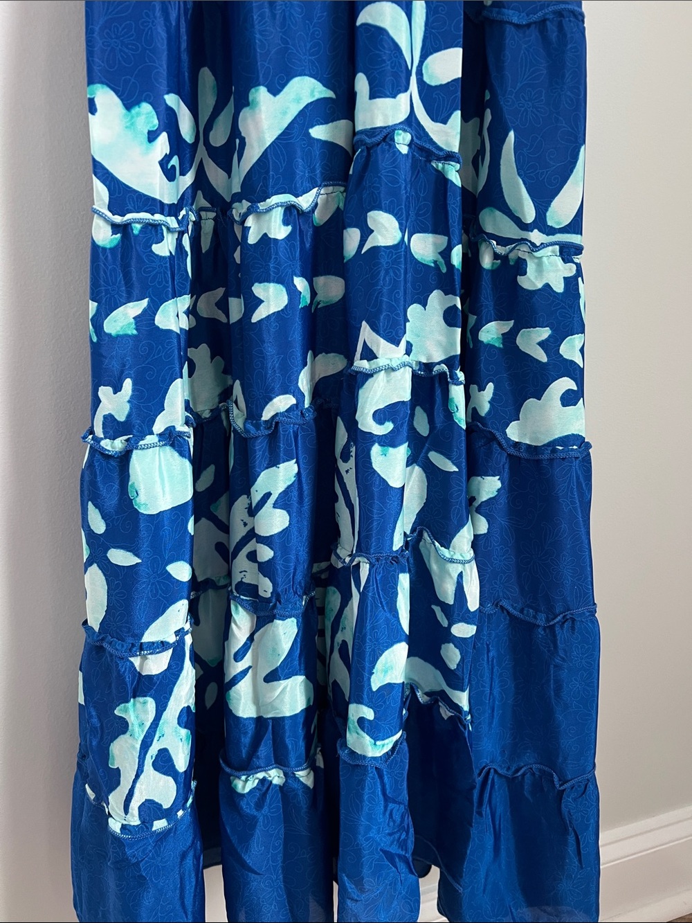 Nauria | Silk Blue Aqua Tropical Floral Ruffle Womenâs Maxi Dress NWT One Size - Picture 9 of 17